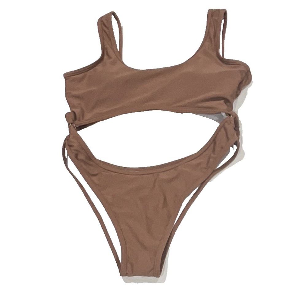 SHEIN Brown Cutout One Piece Swimsuit Gold Ring Detail Scoop Neck Size M